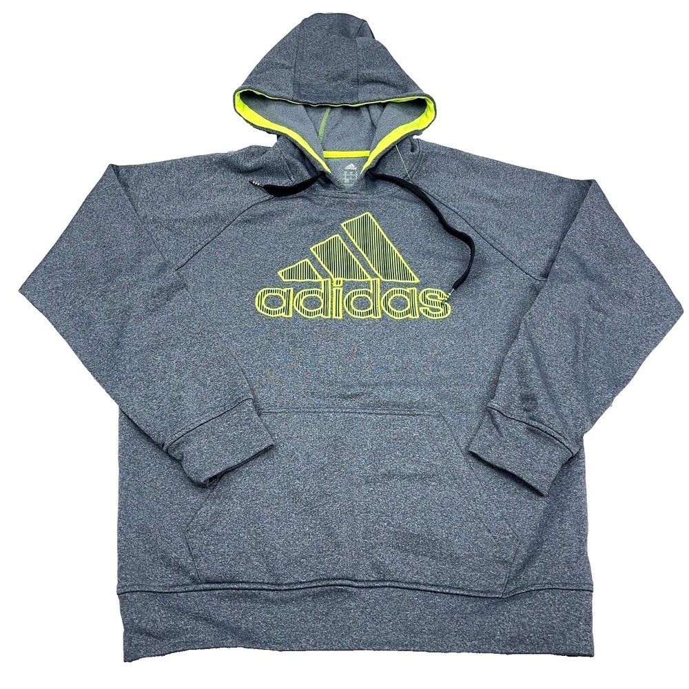 Adidas Hoodie Men Medium Gray Yellow Sweatshirt Sweater Performance Active Adult